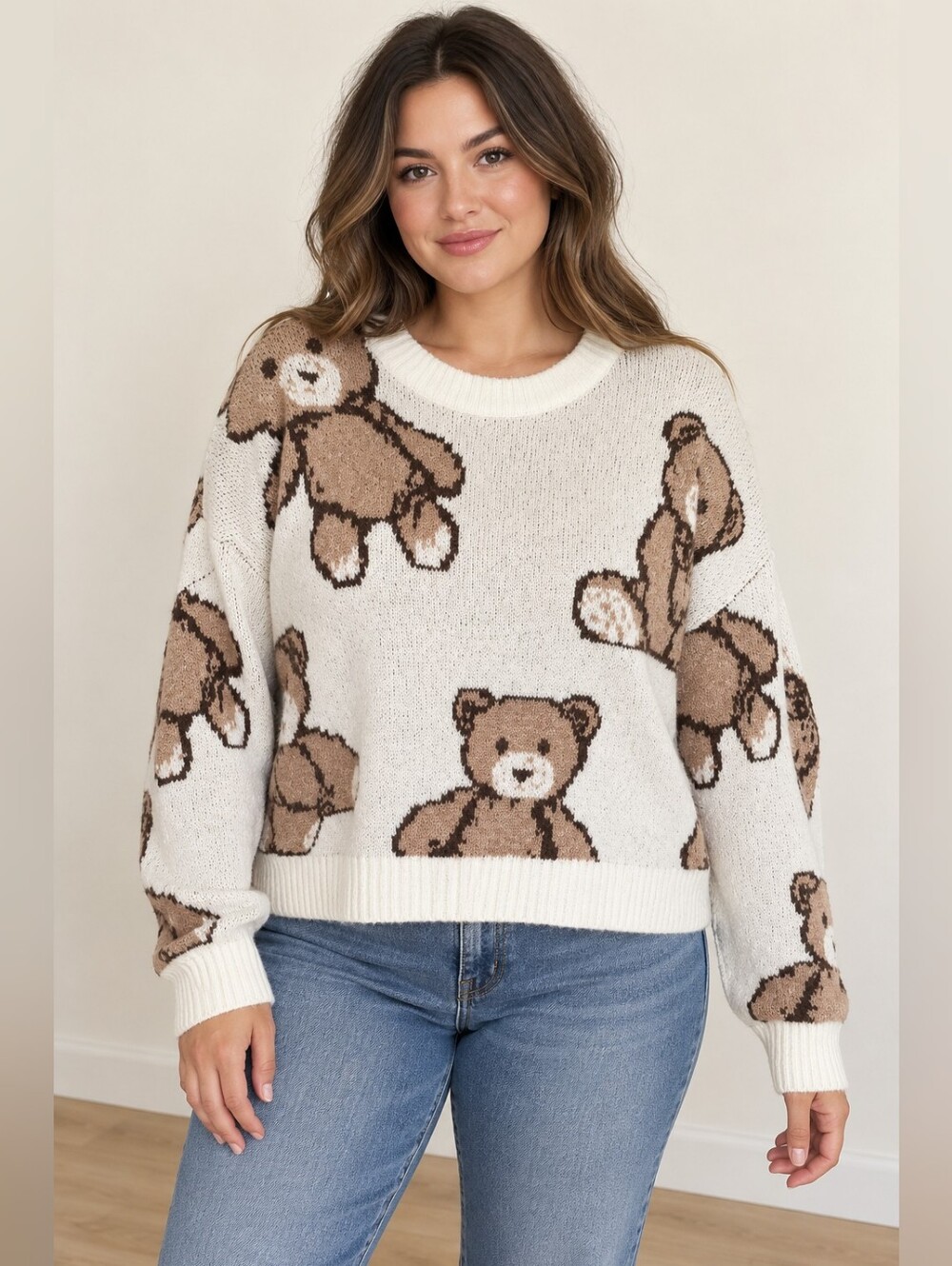 Forever 21 Teddy Bear Knit Sweater Women’s Large Cream Brown Kidcore Cozy